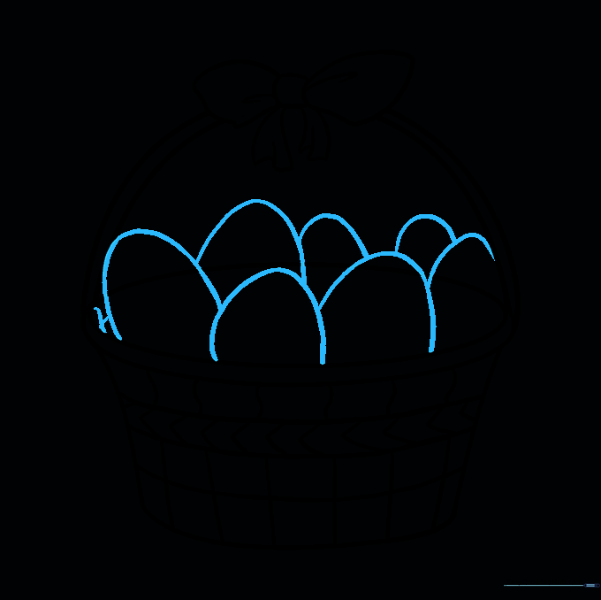 Sketching multiple egg shapes tucked inside the basket.