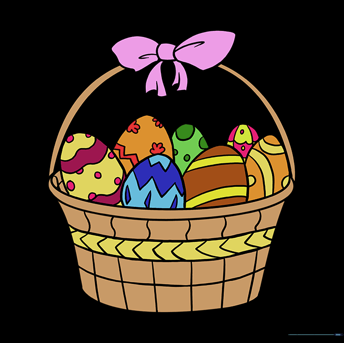 A fully colored and decorated Easter basket with patterned eggs.