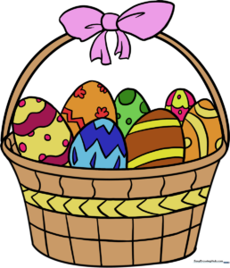 A colorful, finished drawing of an Easter basket filled with decorated eggs.