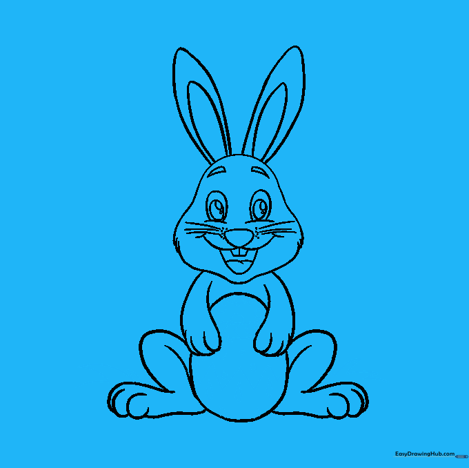 Bunny drawing with added grass background and decorative patterns on the egg.