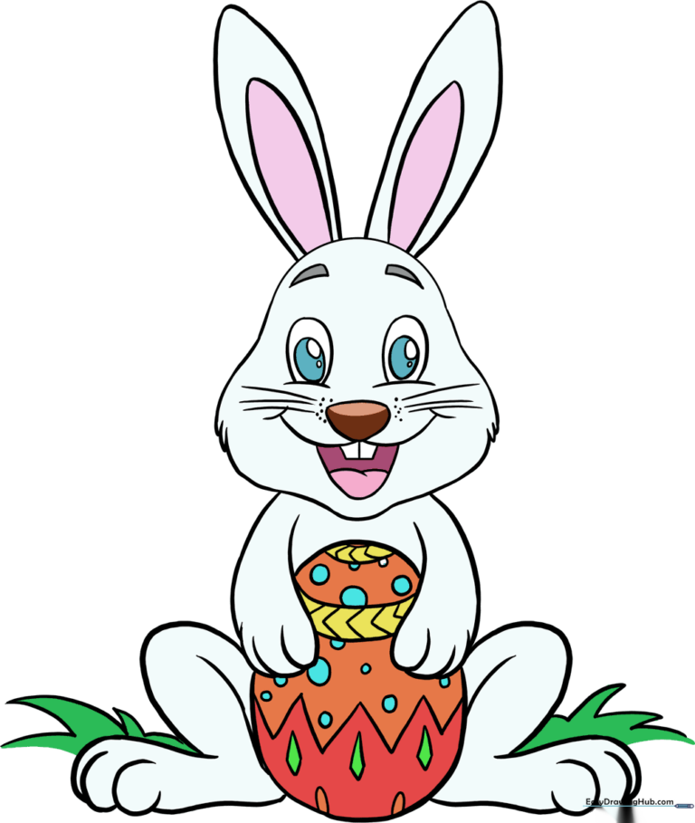 A colorful, friendly Easter Bunny holding a decorated egg, perfect for spring art projects.