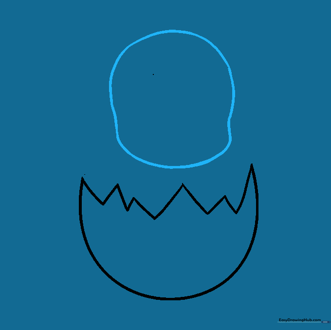 A rounded, fluffy head shape drawn sitting inside the bottom half of the egg shell.