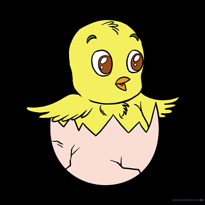 The finished drawing of a cute, colored-in Easter chick inside its shell.