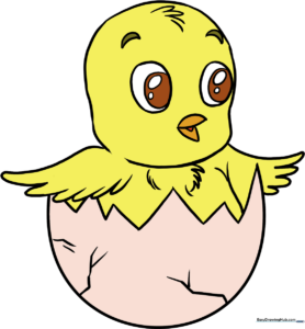A vibrant, finished illustration of a cute Easter chick hatching from an egg.