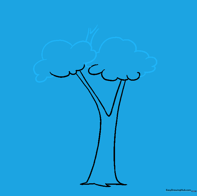 Tree drawing showing additional leaf clusters and a new forked branch extending upward.