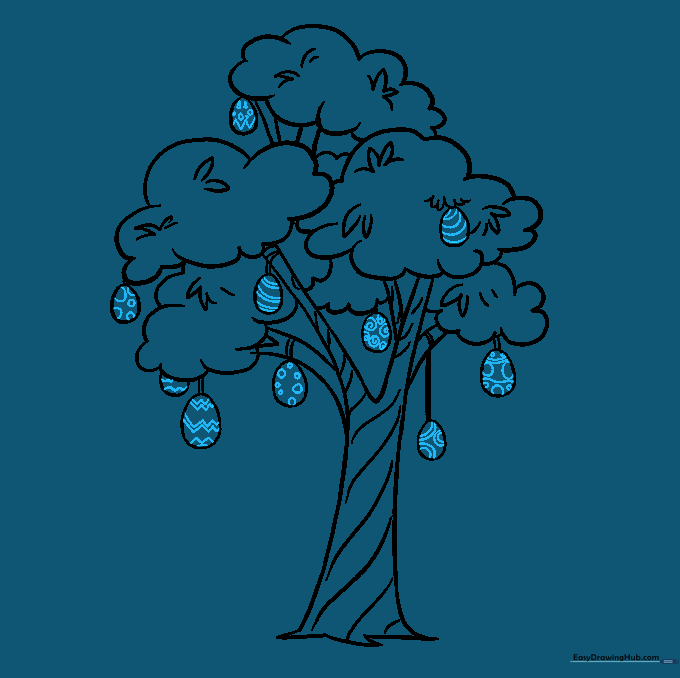 Tree drawing with decorated Easter eggs featuring various patterns like stripes and dots.
