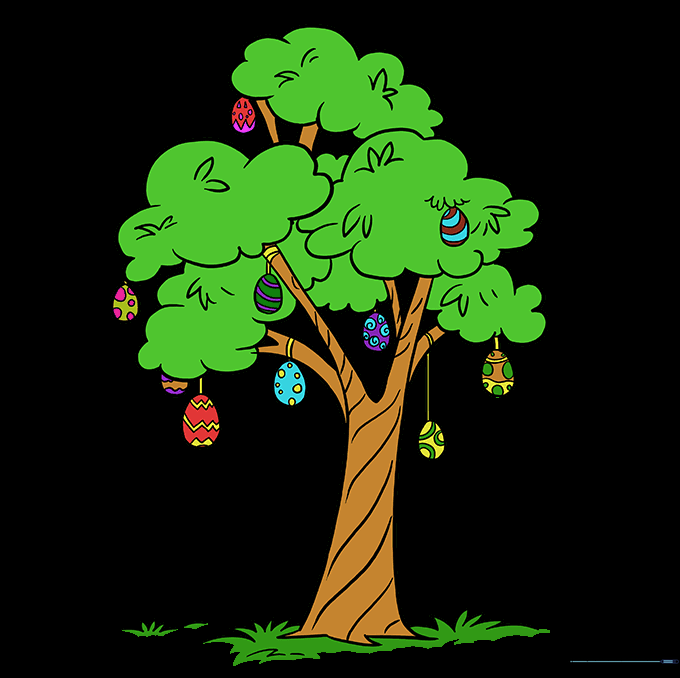 Finished, fully colored Easter egg tree drawing with vibrant eggs and green foliage.