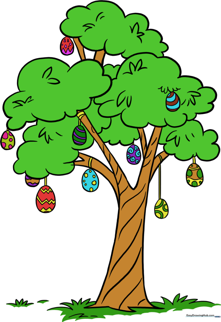 A colorful, finished Easter egg tree illustration perfect for spring holiday art projects.