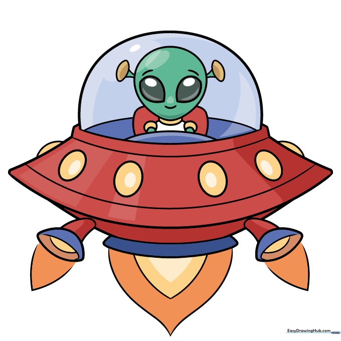 The completed, colored alien spaceship drawing with vibrant space colors.