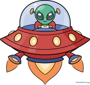 A colorful, cartoon-style alien spaceship flying through space.
