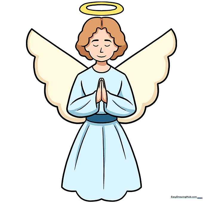 A fully colored, cute cartoon angel with blue gown, brown hair, and yellow halo.
