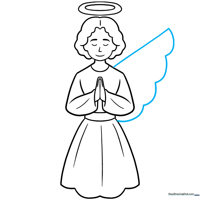Adding the first wing to the angel's back using simple geometric lines.