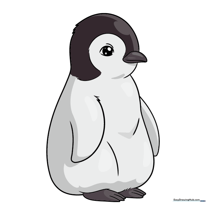 The finished, colored baby penguin drawing.
