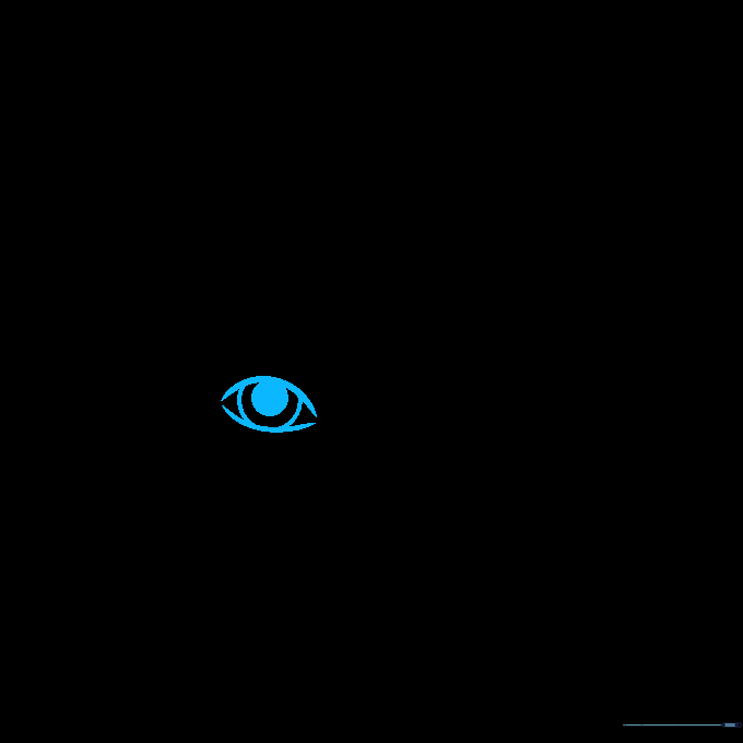 Close-up of a single eye sketch with a circular pupil and iris, showing the initial construction lines for a doll face.