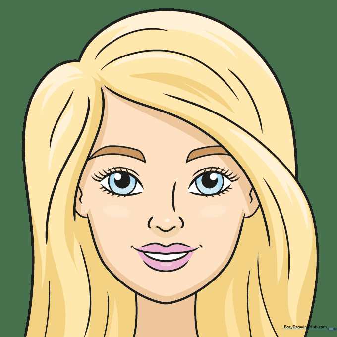 The finished, colored Barbie doll face drawing with blonde hair, blue eyes, and pink lips.