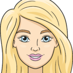 A colorful, finished illustration of a Barbie doll face, showcasing the final result of the drawing tutorial.