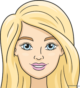 A colorful, finished illustration of a Barbie doll face, showcasing the final result of the drawing tutorial.