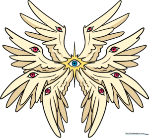 A vibrant, finished drawing of a biblically accurate angel with multiple wings and eyes.