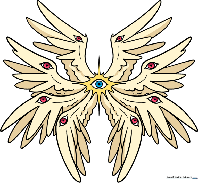 A vibrant, finished drawing of a biblically accurate angel with multiple wings and eyes.