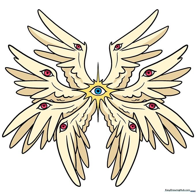 A fully colored biblically accurate angel drawing with cream wings and glowing eyes.