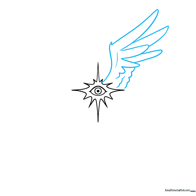 A single angel wing being drawn with layered feathers and a curved spine.