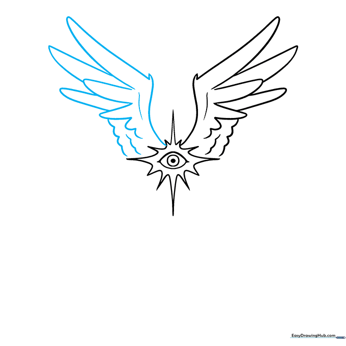 Drawing the second symmetrical wing to balance the angel's form.