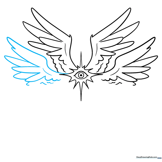 Adding the fourth wing layer to the bottom right of the angel sketch.