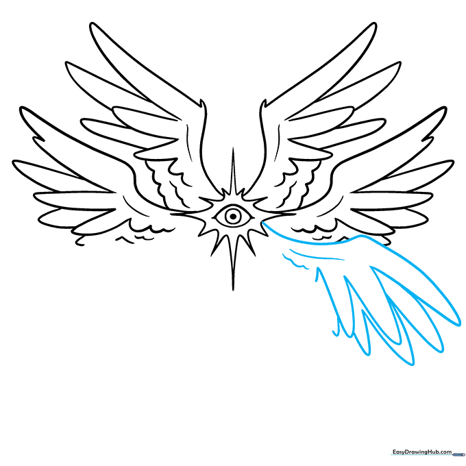 Adding a fifth wing to the right side of the angel, increasing the complexity of the drawing.