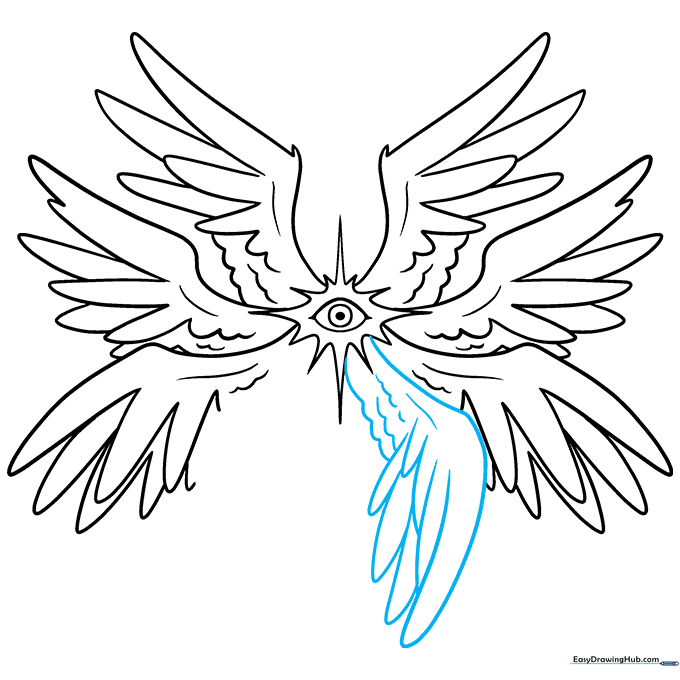 Drawing a curled wing on the right side to add volume and movement.