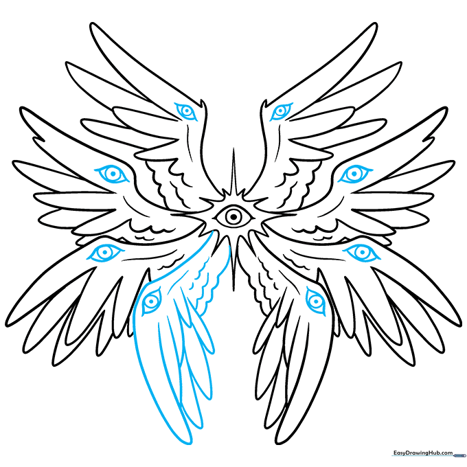 Adding final eyes to the wings to complete the biblically accurate angel design.