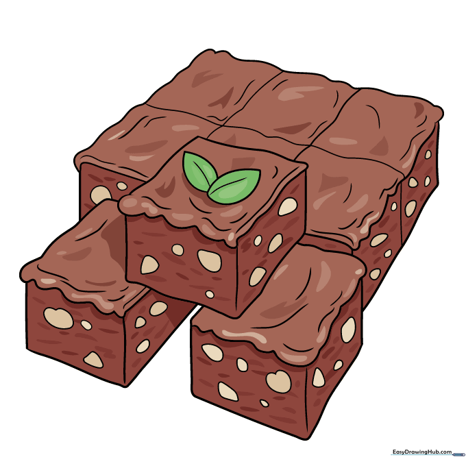 Finished, colored drawing of a stack of brownies with mint garnish.