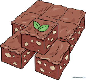 A colorful, cartoon-style illustration of a stack of delicious brownies.