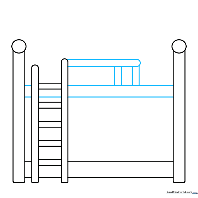 Sketching the top bunk frame and the safety guardrail.