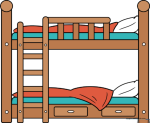 A colorful, finished drawing of a bunk bed with pillows and blankets.