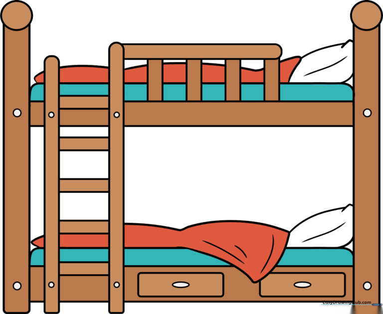 A colorful, finished drawing of a bunk bed with pillows and blankets.