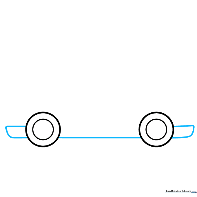 Drawing the bottom frame of the car connecting the two wheels with bumper details.