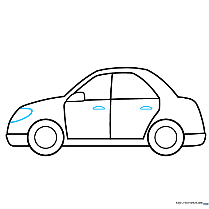 Adding door handles and a headlight detail to the front of the car.