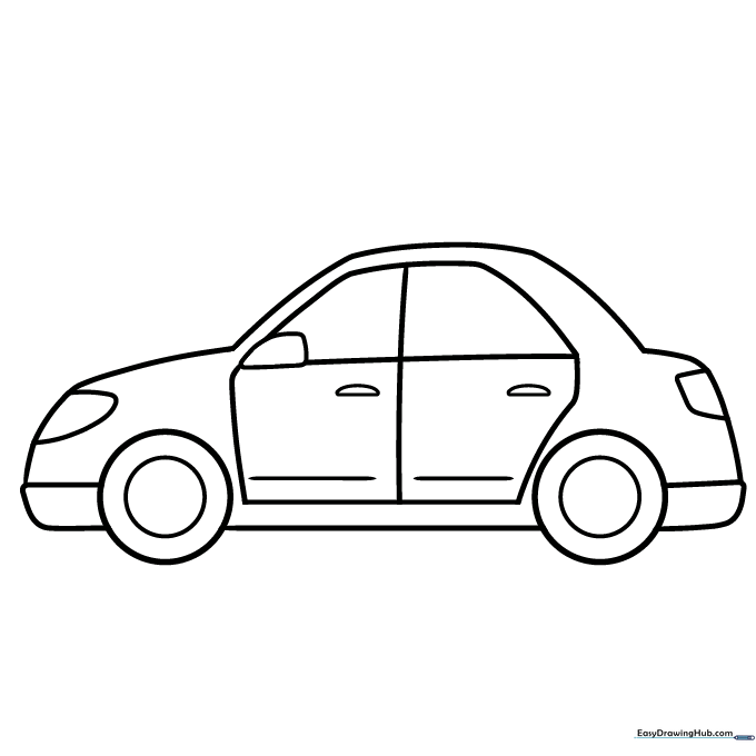 A completed car drawing ready for coloring with bright markers.