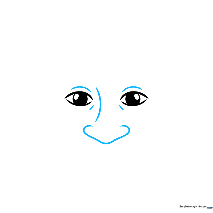 Drawing the bridge of the nose and eyelid contours in a caricature style.
