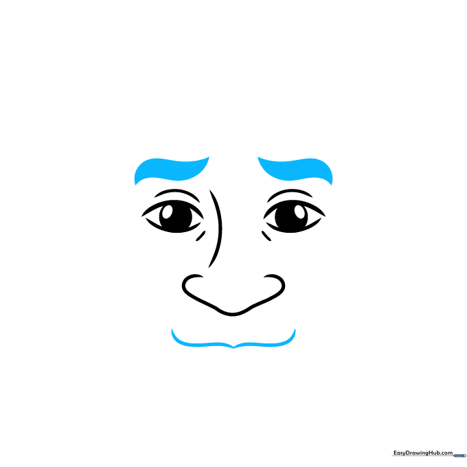Adding thick eyebrows and a wide mouth shape to the caricature face.