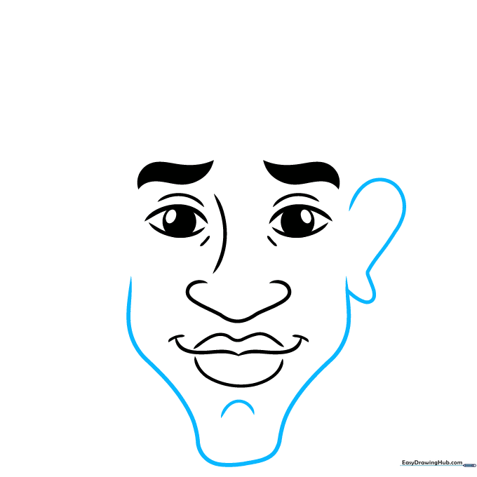 Outlining the jawline and adding a single ear to the side of the head.