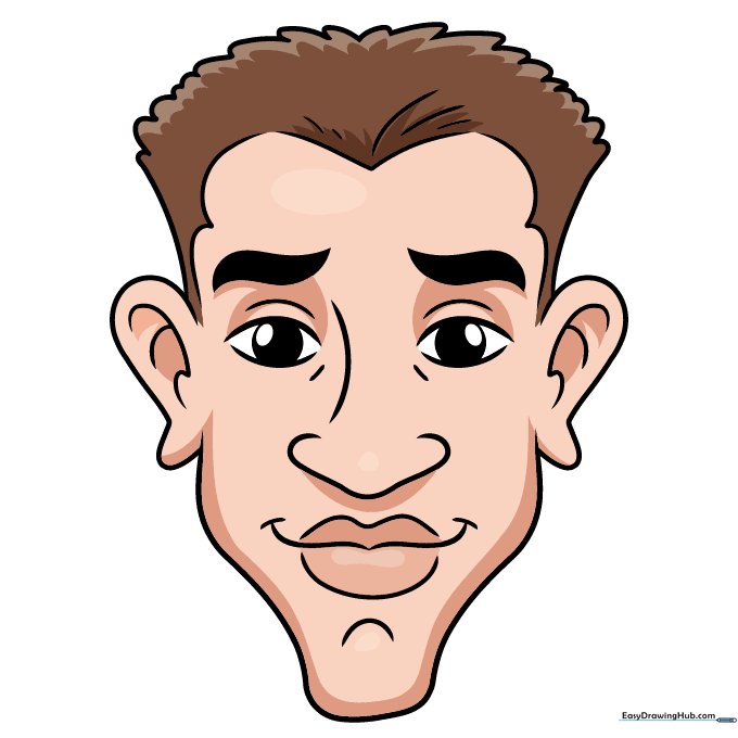 The finished caricature drawing fully colored with skin tones and hair color.
