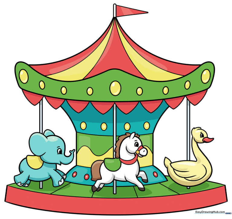 A vibrant, finished carousel drawing featuring an elephant, horse, and goose.