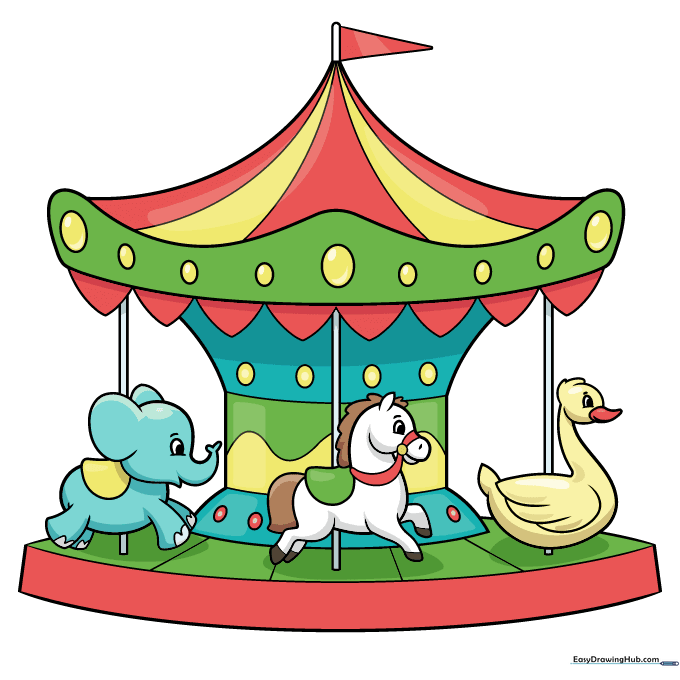 A fully colored and completed carousel drawing with bright, vibrant colors.