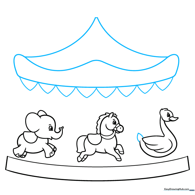 Drawing the large, wavy-edged canopy roof of the carousel.