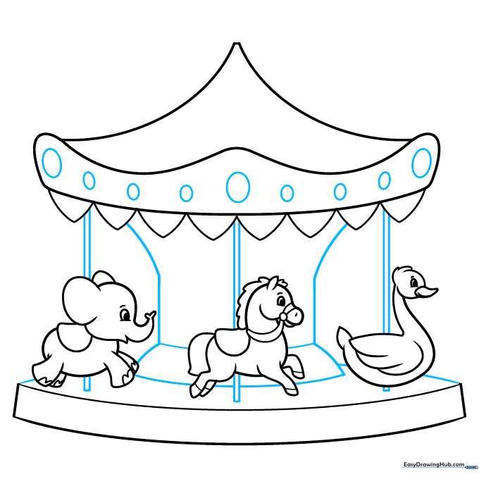 Adding vertical support poles and canopy decorations to the carousel.