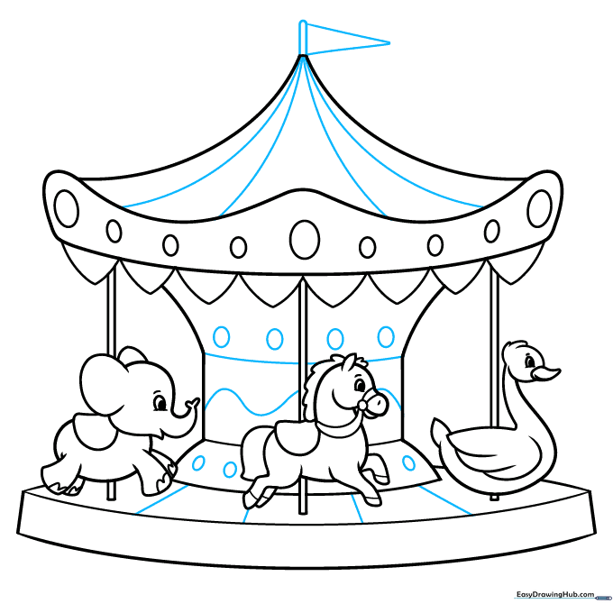 Adding a flag and final structural lines to the carousel drawing.