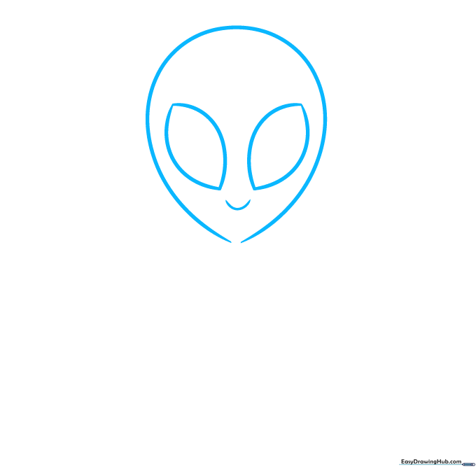 Line drawing of an alien head with large expressive eyes and a wide smile on white background.