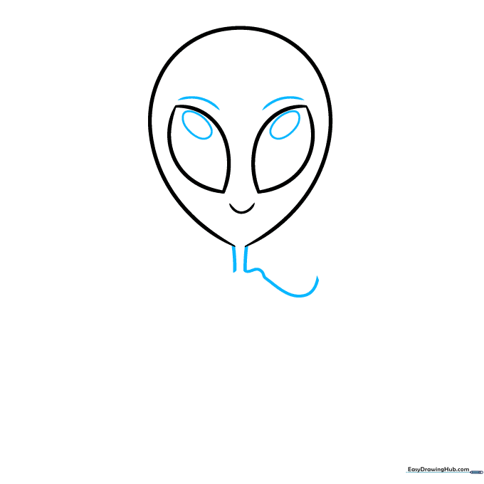 Alien sketch showing added eyelids, pupils, neck, and the beginning of a shoulder.