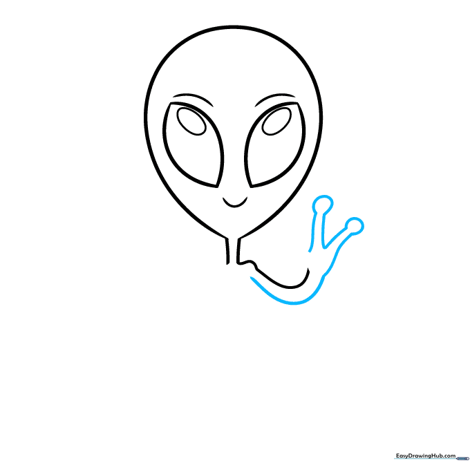 Alien drawing showing a waving arm with three rounded fingers.